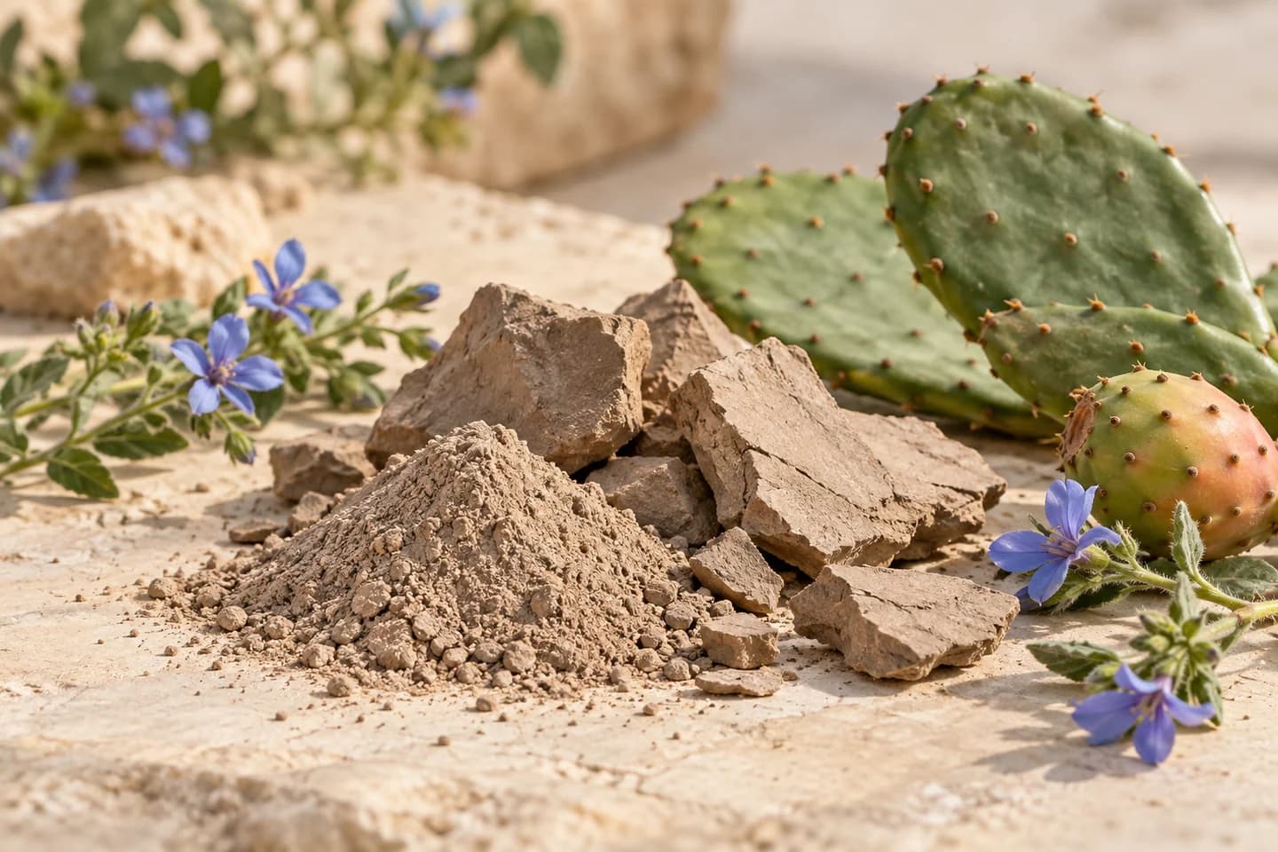 Raw Moroccan clay, prickly pear and botanicals on natural stone
